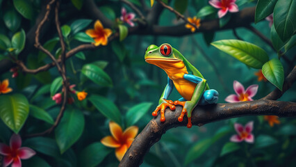 tropical tree frog on tree in jungle, amphibian, nature