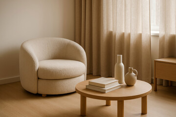 Cozy beige living room with swivel chair and coffee table