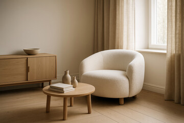 Cozy living room with cream armchair and wooden furniture