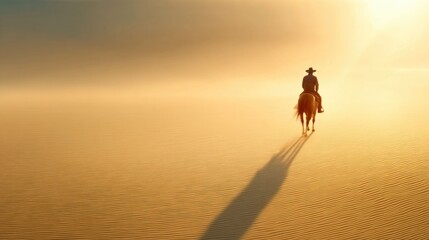 Lone Rider at Sunset in Desert