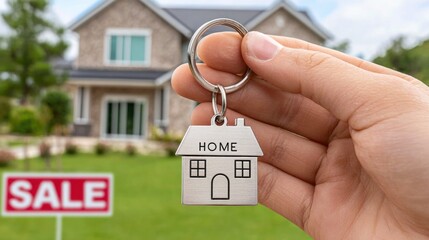 Hand Holding House Keychain with Home for Sale