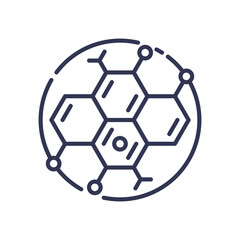 Obraz premium A line icon of a molecular structure with hexagonal rings, representing a chemical compound. Symbolizes chemistry, scientific research, and nanotechnology.