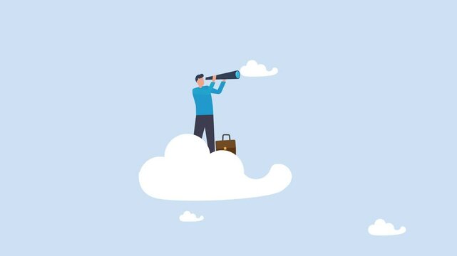 4k animation of Smart businessman riding high cloud holding telescope or binocular to search for business visionary. 