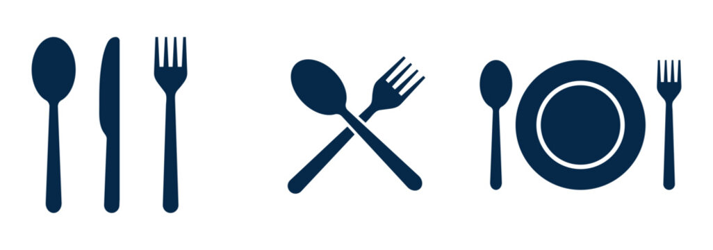 Silverware solid monochrome icon set. Dinner dish or plate with spoon and fork sign outline for apps and websites. eps 10

