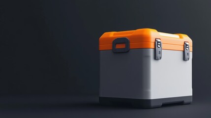 A gray and orange cleaning toolbox with a sturdy design. The toolbox is closed and placed on a dark background, emphasizing its modern look and functionality.