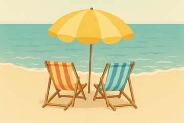 Relaxing beach scene two deck chairs umbrella