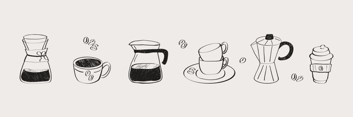 Hand draw coffee doodles set. Abstract sketch collection of coffee brewing items. Minimalistic linear cafe breakfast drinks, coffee outline icons. Vector illustration