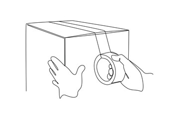 one continuous line draw of cardboard box packed with duct tape. Courier activity minimalist concept. Delivery at simple line design.