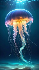 Liquid AI interface like transparent jellyfish. Colorful jellyfish gracefully floating underwater.