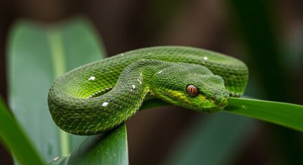 Fototapeta premium Green Pit Viper with Striking Red Eyes Resting on Lush Foliage in Natural Habitat