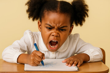 Angry young child expressing frustration while drawing with a blue crayon at a table in a classroom setting