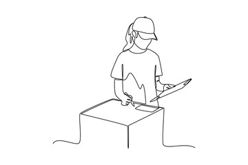 one continuous line draw of The courier checks the data on the goods. Courier activity minimalist concept. Delivery at simple line design.