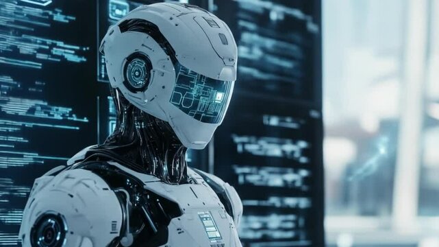 Futuristic cyborg studies glowing schematics