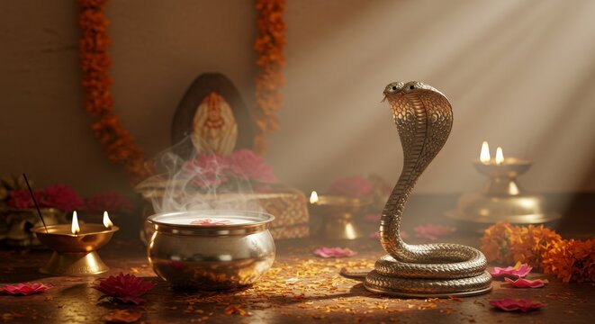 
Naga Panchami Festival Altar Adorned with Cobras and Traditional Indian Offerings