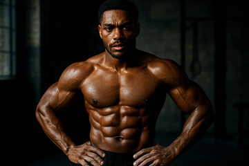 Muscular athletic man standing confidently in dark gym displaying fitness, strength, and bodybuilding motivation