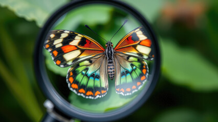 butterfly on flower under magnifying glass, insect, plant, nature, macro video, colorful wings, entomology