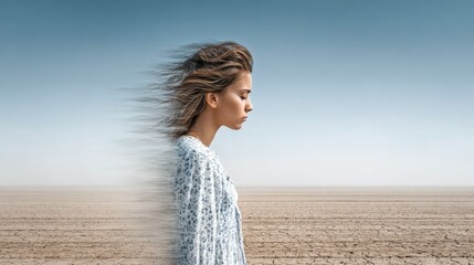 Woman Dissolving into Air in Desert
