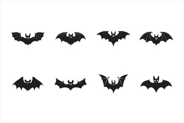 Set of Eight Black Bat Silhouettes - Halloween and Spooky Night Vector Collection