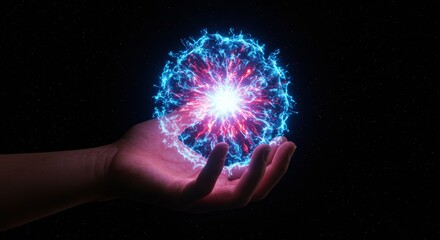 Human hand holding bright, glowing energy sphere with electric blue and red arcs