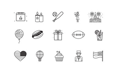Set of Fourth of July Celebration Icons Including Flag, Fireworks, and Hot Dog

