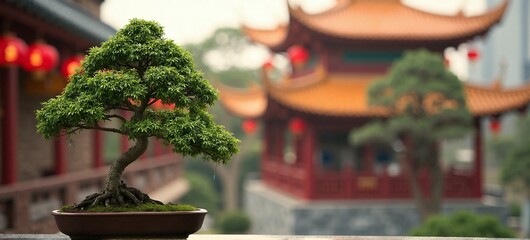 Bonsai Tree with Traditional Chinese Temple Background