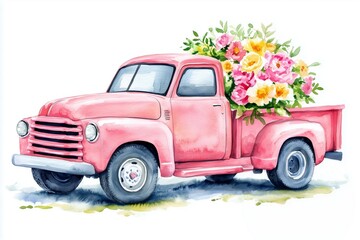 Watercolor pink vintage pickup truck filled with colorful spring flowers. Happy Birthday card.