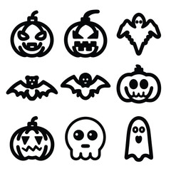 Obraz premium A set of simple, black and white Halloween icons including pumpkins, bats, ghosts, and a skull.