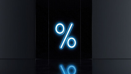 neon glowing percent sign glows on black background, sale, discount, black friday, shopping, percent