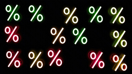 neon glowing percent sign glows on black background, sale, discount, black friday, shopping, percent