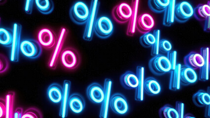 neon glowing percent sign glows on black background, sale, discount, black friday, shopping, percent