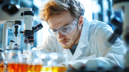 A young man in a lab coat and safety goggles, examining a microscope slide in a laboratory setting.