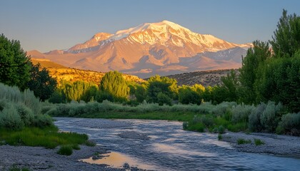 A river flows through a valley with a snow-capped mountain in the background.