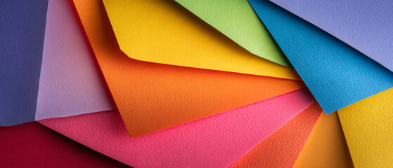 An overhead shot of a stack of colorful construction paper arranged in a fan like pattern on a surface