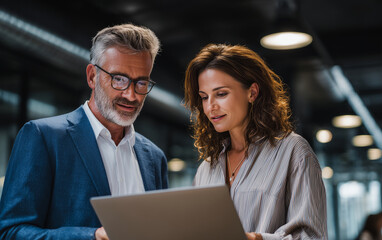 A middle-aged man in business attire and a woman with brown hair wearing casual stand together, looking at the laptop screen they hold between them. 
