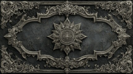 Fantasy gothic banner with silver crown crests, symmetrical silver frame and parchment center on dark background, elegant decorative template with blank central space for custom text