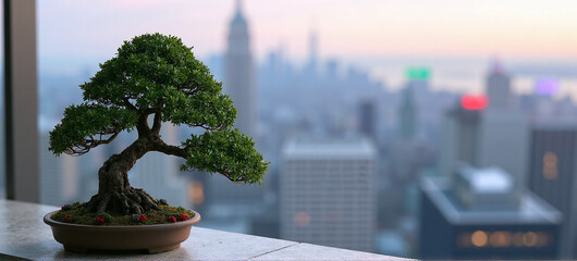 Bonsai Tree with City Skyline at Dusk View