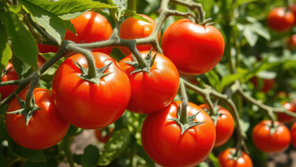 juicy ripe red tomatoes grow on a bush in a garden bed, vegetables, farm, harvest