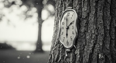 Surreal depiction of time: melting clock attached to a rugged tree trunk