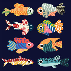 fishes art illustration vector elements collection set