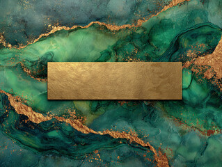 A rectangular golden plate on a green and gold swirling abstract textured background design element backdrop
