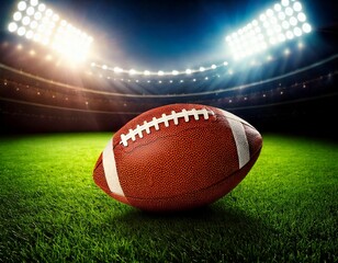 A high-detailed 3D render of a football on a grassy field under stadium lights, evening