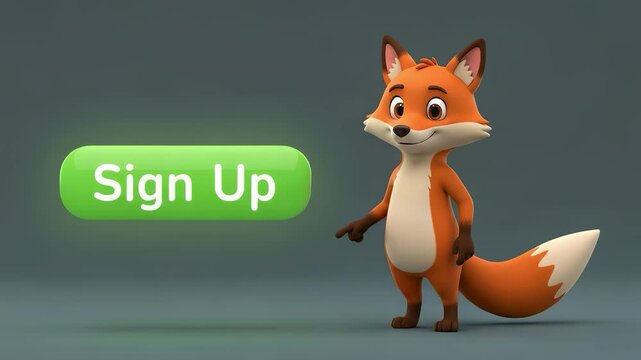 Animated cartoon fox pointing at Sign Up button on gray background