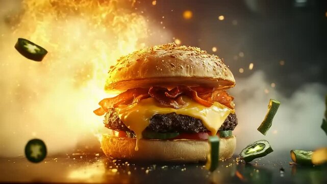 Delicious gourmet burger with melted cheese and crispy bacon, exploding with flavor in a fiery backdrop