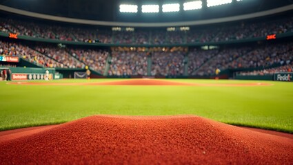 Empty seats in a summer baseball stadium with a green grass field and blue sky