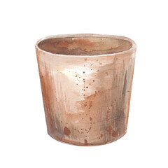 Clay flower pot on a white background. Watercolor illustration. Isolated. A simple brown container for growing flowers and seedlings. An object for rural life and farming. Clipart.