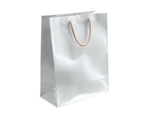 White shopping bag with twisted paper handles standing upright on transparent surface, displaying minimalist design for retail branding and product mockup presentation