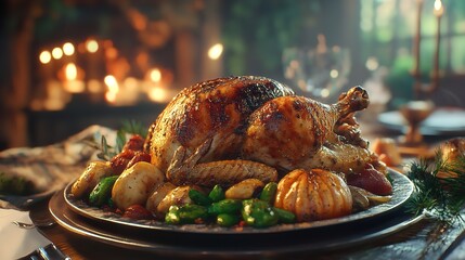 Roasted Chicken Dinner: Festive Holiday Meal, Thanksgiving Feast, Christmas Dinner, Gourmet Food Photography