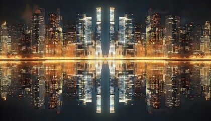Naklejka premium City skyline reflected in calm water at night.