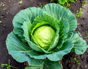 Obraz premium Fresh from the Garden – Mature Cabbage Head Nestled in Rich Soil on Flower Bed | Organic Vegetable Harvest