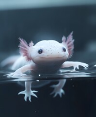 A axolotl floating in a tank of water